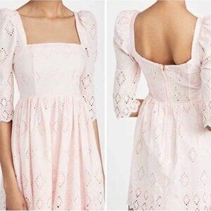 Cara Cara Hart Mini Dress Blush Pink Eyelet Cotton Puff Sleeve EUC